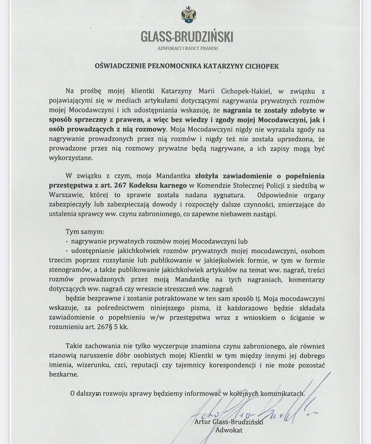 Oświadczenie dotyczące nagrywania prywatnych rozmów Katarzyny Cichopek