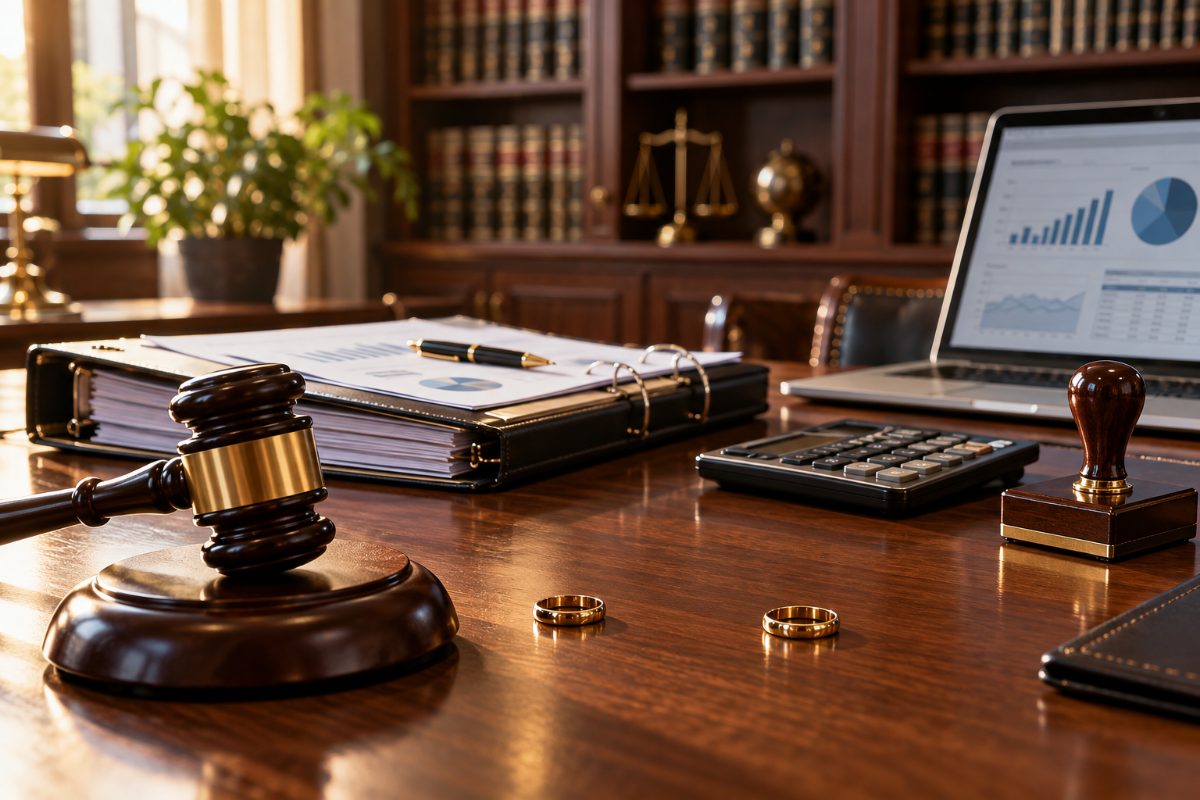 Podział majątku a działalność gospodarcza – młotek sędziowski, obrączki ślubne, dokumenty firmowe i laptop z wykresami finansowymi na biurku w kancelarii